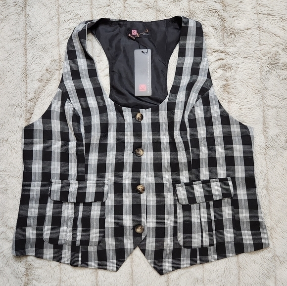 Vest plaid tailored fit black and white KANCY KOLE NWT - Picture 5 of 13